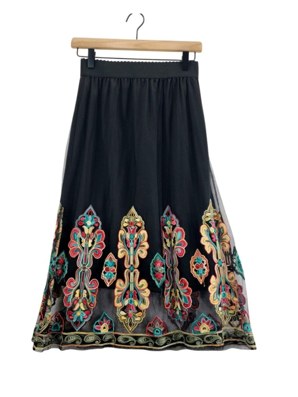 Boho Black Mesh Midi Skirt S Magic Colorful Paisley Embroidery Indie Festival